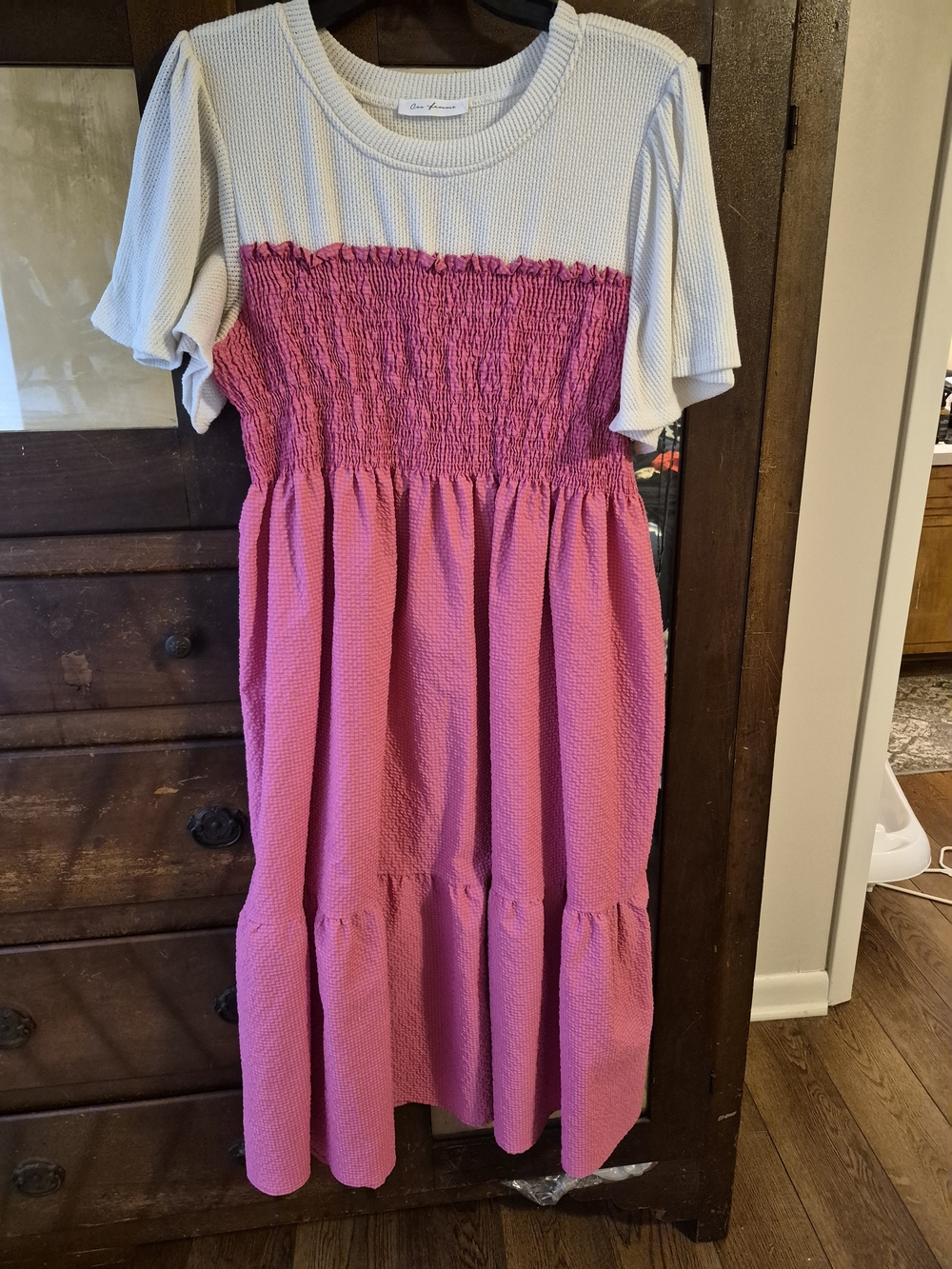 Womens Two-Tone Pink Smocked Midi Dress